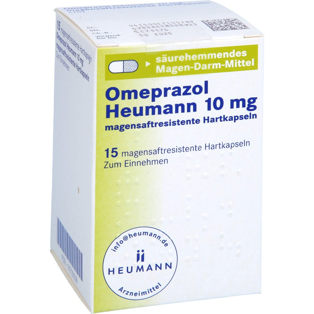 Das Produktfoto zeigt Omeprazol Heumann 10 Mg Magensaftres.Hartkapseln (15 stk) PZN 01715528
