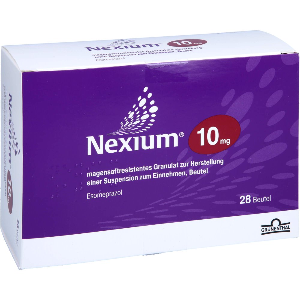 Das Produktfoto zeigt Nexium 10 Mg Magensaftr.Gra.Z.Her.E.Sus.Z.Ein.Btl. (28 stk) PZN 01743370