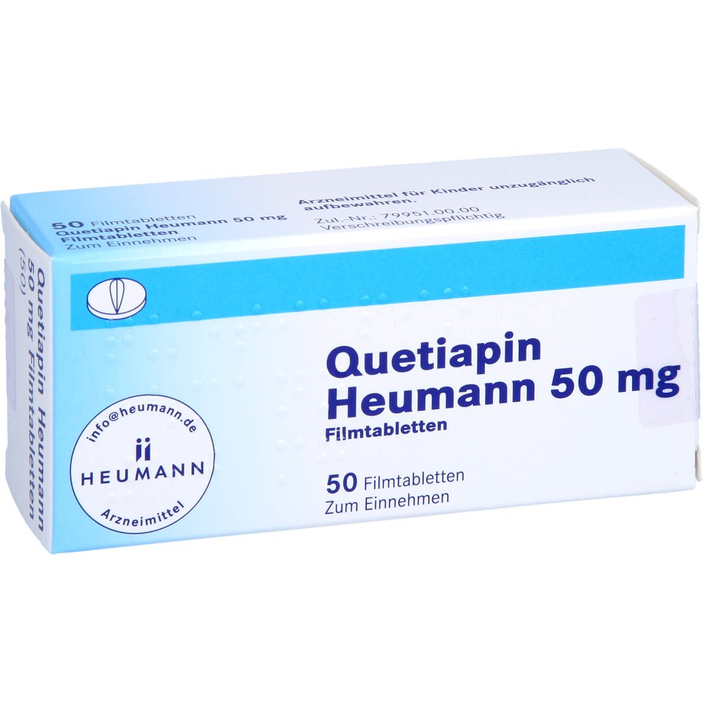 Das Produktfoto zeigt Quetiapin Heumann 50 Mg Filmtabletten (50 stk) PZN 01786712