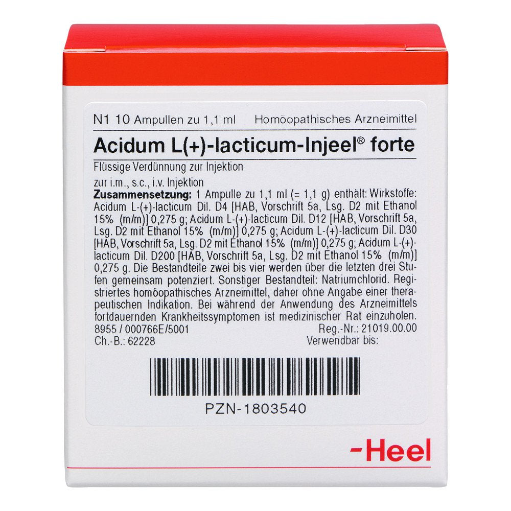Das Produktfoto zeigt Acidum L-Lacticum Injeel Forte Ampullen (10 stk) PZN 01803540