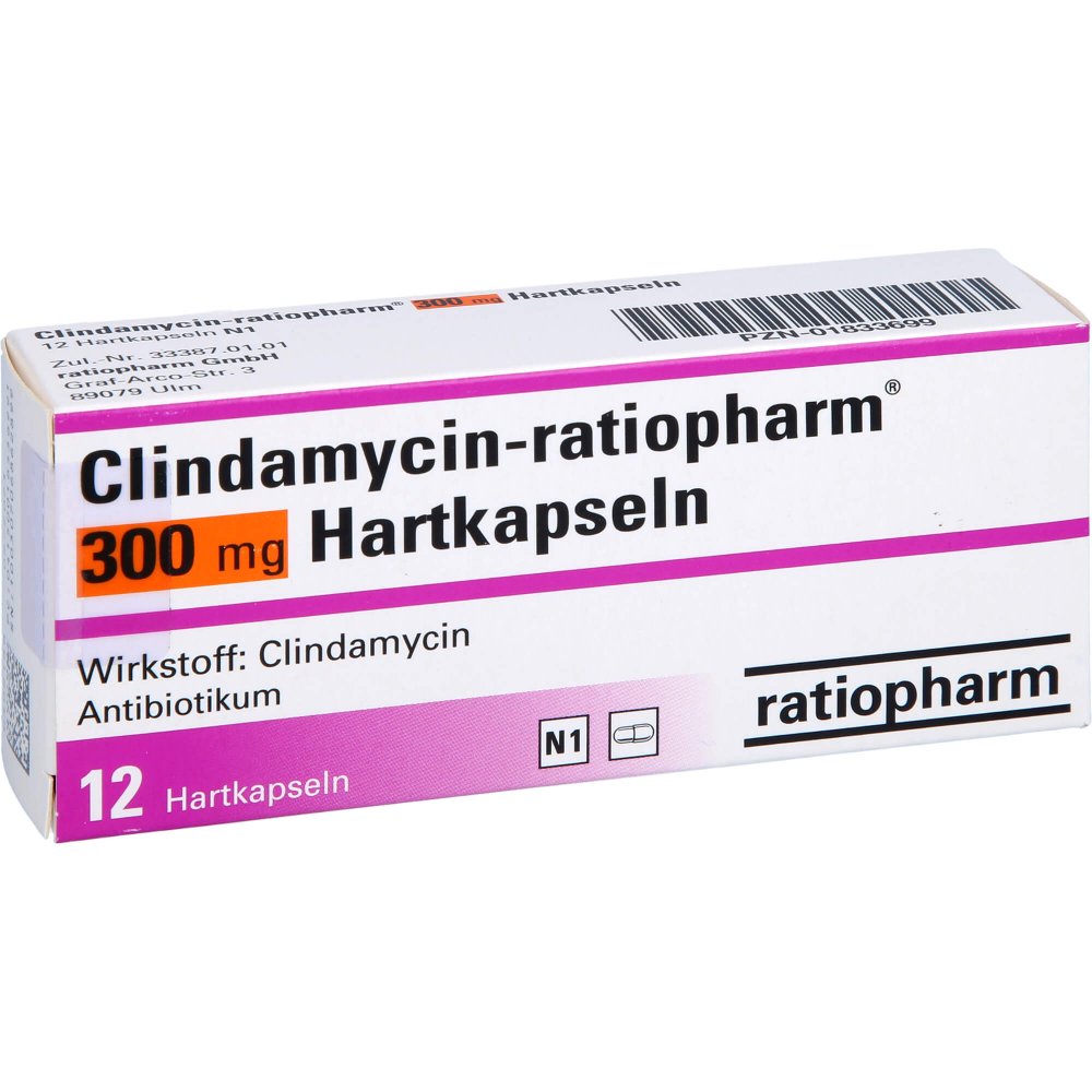 Das Produktfoto zeigt Clindamycin-Ratiopharm 300 Mg Hartkapseln (12 stk) PZN 01833699
