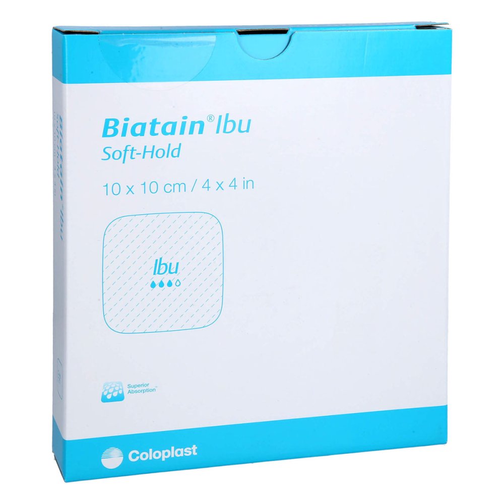Das Produktfoto zeigt Biatain Ibu Schaumverband 10x10 Cm Sanft Haftend (5 stk) PZN 01847974
