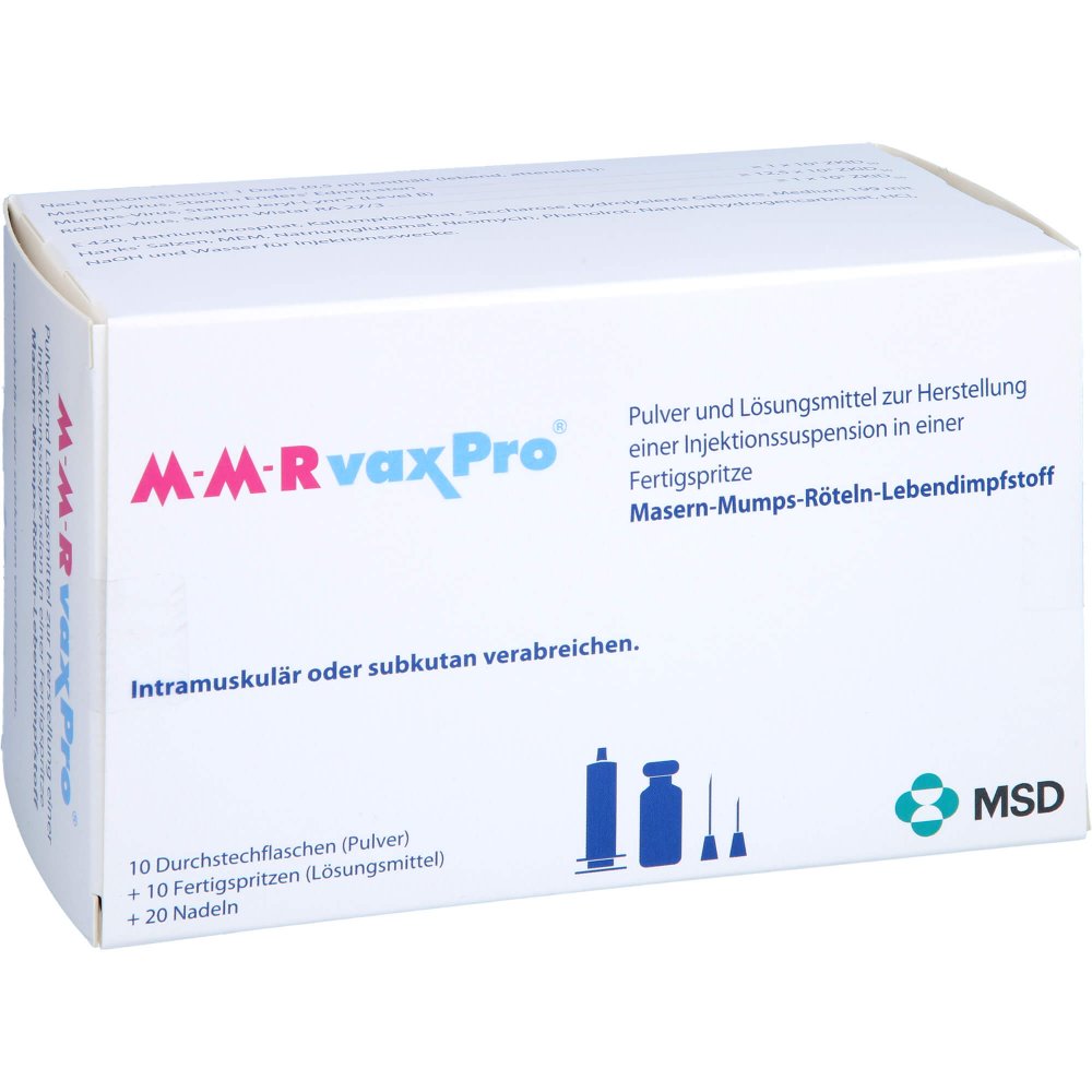 Das Produktfoto zeigt M-M-Rvaxpro P.+Lm H.Inj.-Susp.Fertigspr.M.Kanüle (10X0.5 ml) PZN 01849588