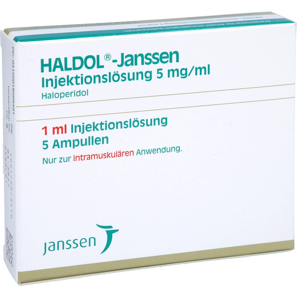 Das Produktfoto zeigt Haldol Janssen Injektionslösung 5 Mg/Ml Amp. (5X1 ml) PZN 01856849
