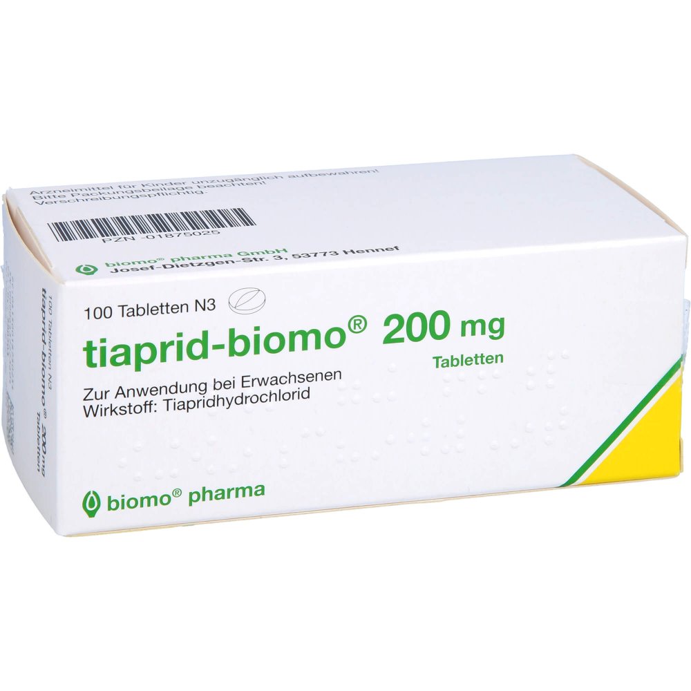 Das Produktfoto zeigt Tiaprid-Biomo 200 Mg Tabletten (100 stk) PZN 01875025