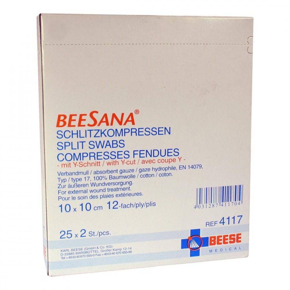 Das Produktfoto zeigt Beesana Schlitzkompressen 10x10 Cm Steril 12f. (25X2 stk) PZN 01916646