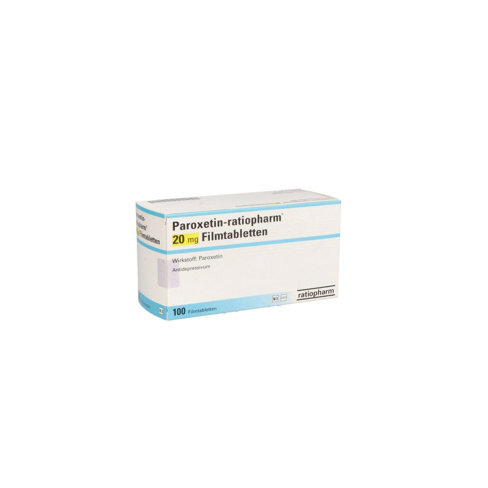 Das Produktfoto zeigt Paroxetin-Ratiopharm 20 Mg Filmtabletten (100 stk) PZN 02000412