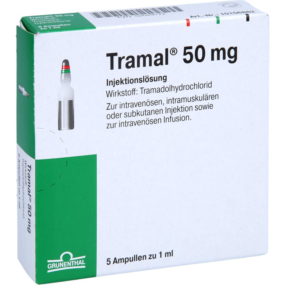 Das Produktfoto zeigt Tramal 50 Mg Injektions-/Infusionslösung (5 stk) PZN 02029172