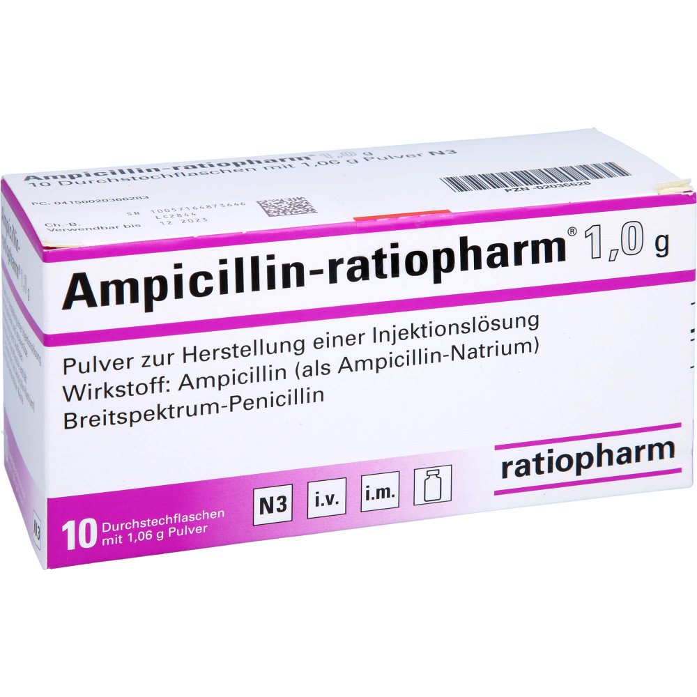 Das Produktfoto zeigt Ampicillin-Ratiopharm 1,0 G Plv.Z.Her.E.Inj.-Lsg. (10 stk) PZN 02036628