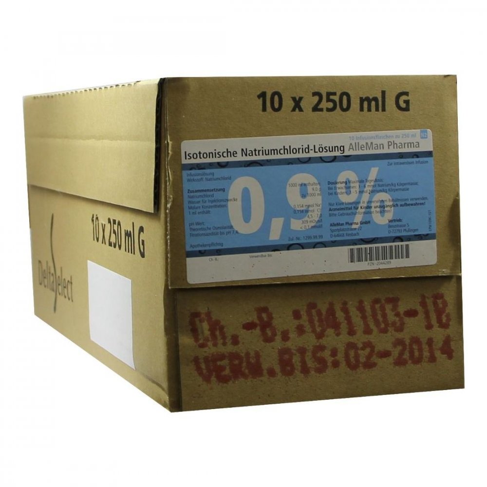 Das Produktfoto zeigt Isotonische Nacl 0,9% Deltamedica Inf.-Lsg.Glasfl. (10X250 ml) PZN 02044289