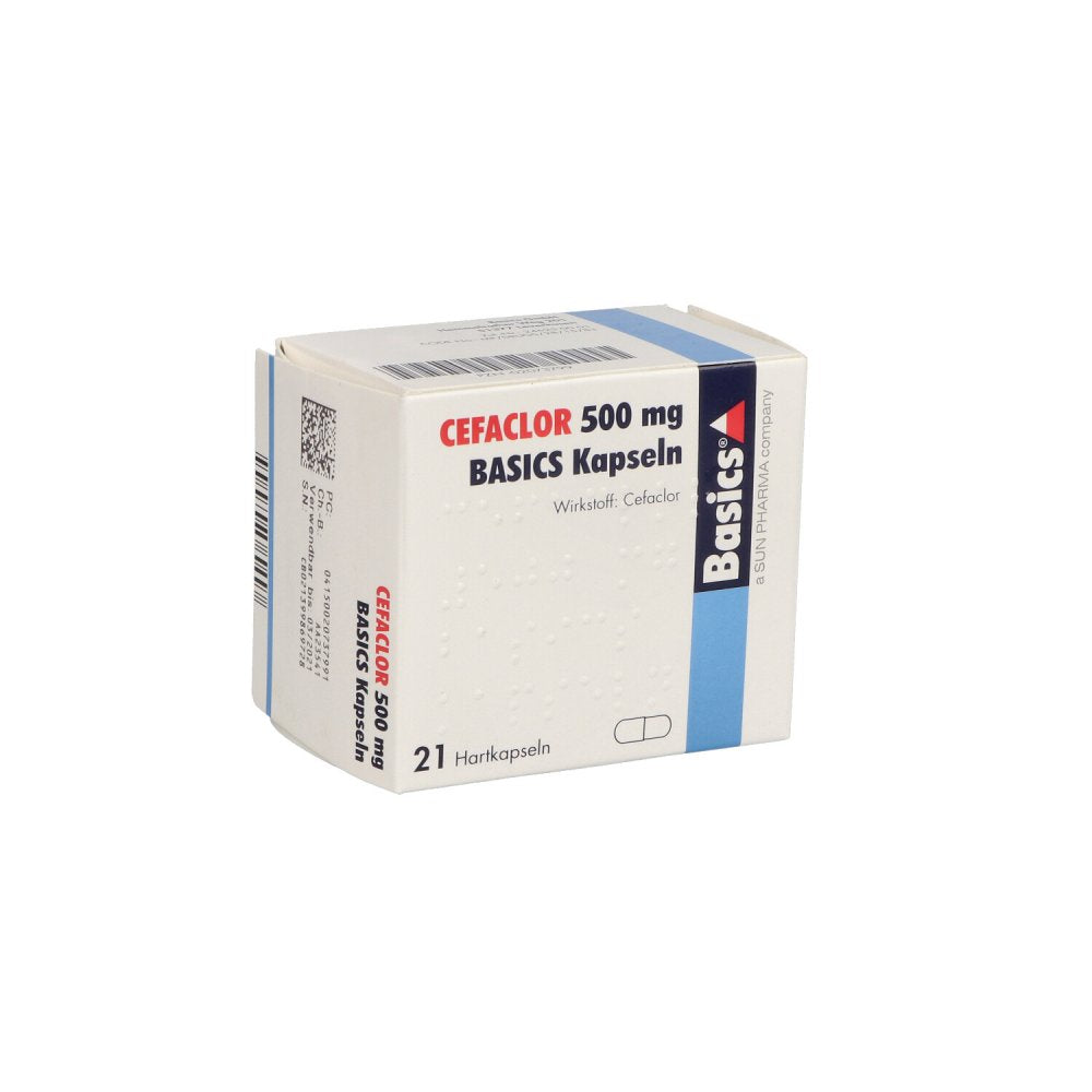 Das Produktfoto zeigt Cefaclor 500 Mg Basics Hartkapseln (21 stk) PZN 02073799