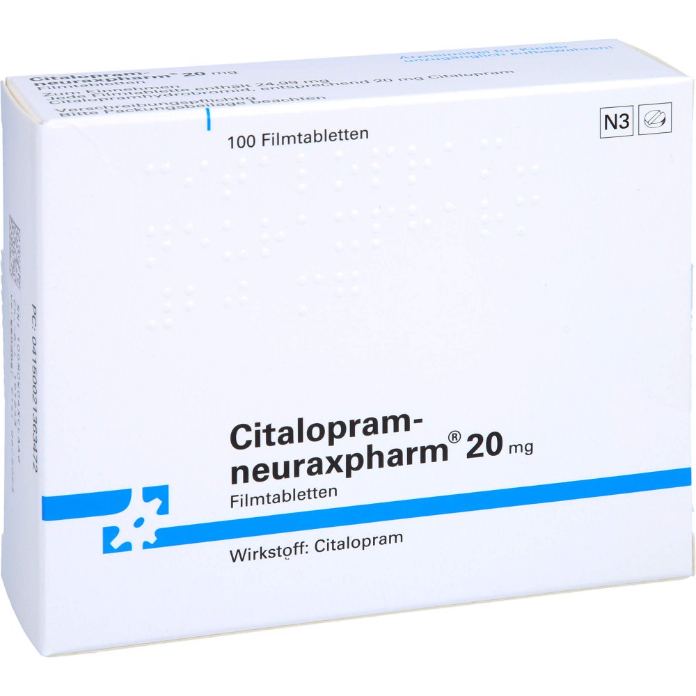 Das Produktfoto zeigt Citalopram-Neuraxpharm 20 Mg Filmtabletten (100 stk) PZN 02136347