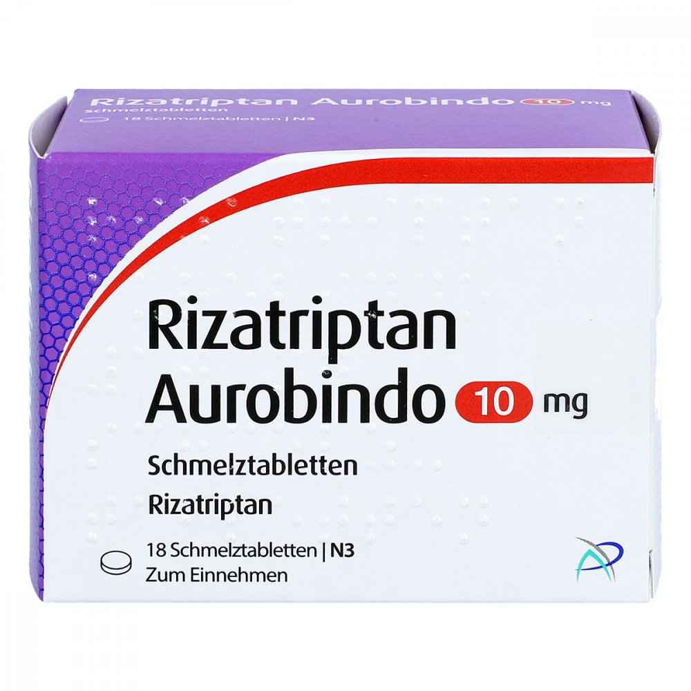 Das Produktfoto zeigt Rizatriptan Aurobindo 10 Mg Schmelztabletten (18 stk) PZN 02160989