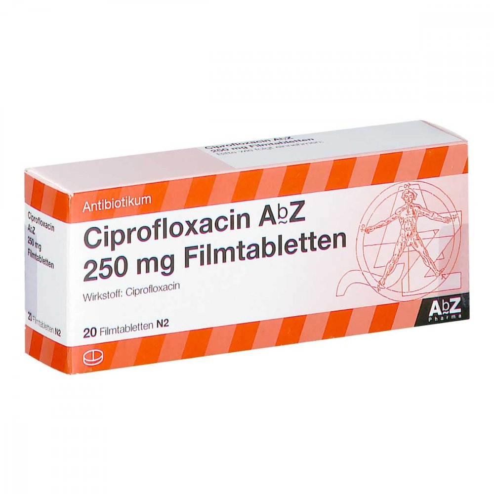 Das Produktfoto zeigt Ciprofloxacin Abz 250 Mg Filmtabletten (20 stk) PZN 02162072
