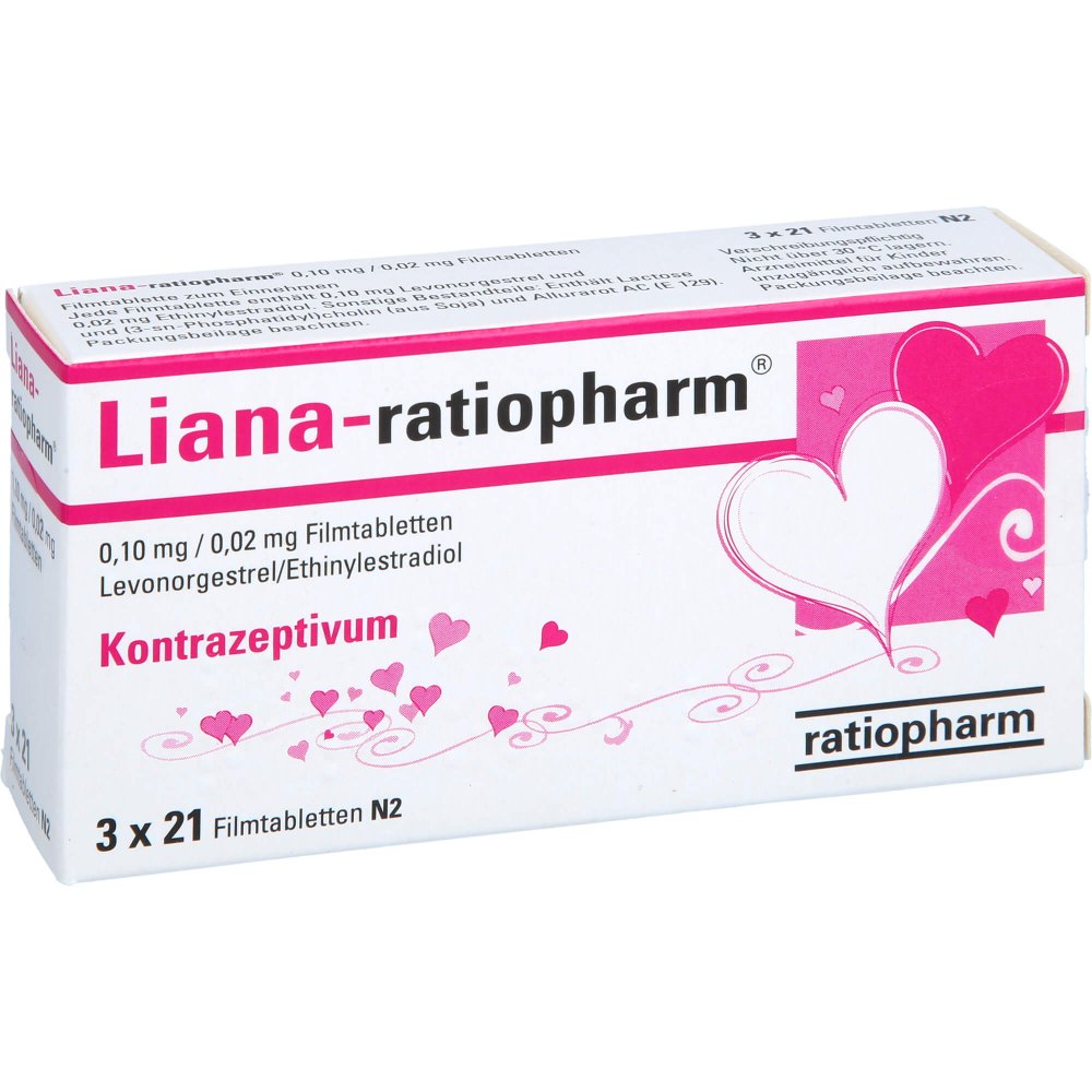 Das Produktfoto zeigt Liana-Ratiopharm 0,1/0,02 Mg Filmtabletten (3X21 stk) PZN 02200772