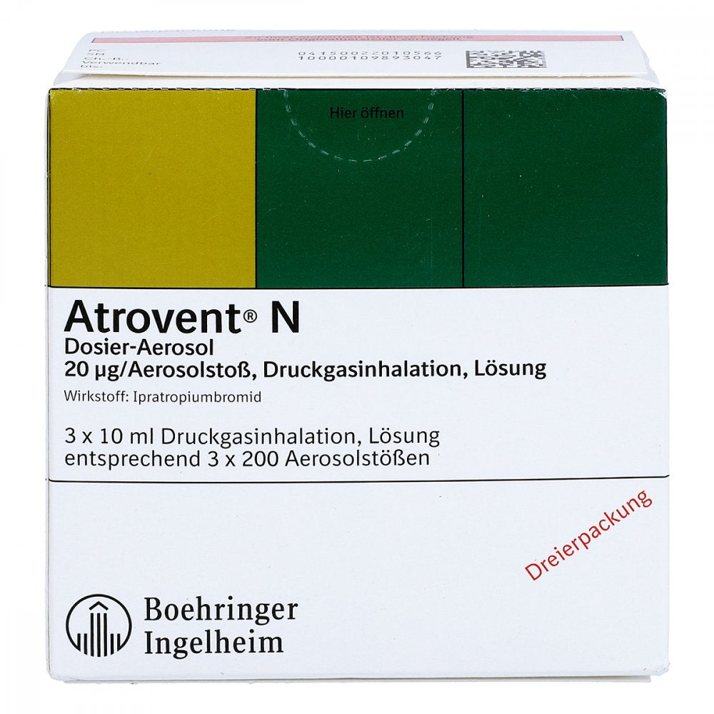 Das Produktfoto zeigt Atrovent N Dosieraerosol (3X10 ml) PZN 02201056