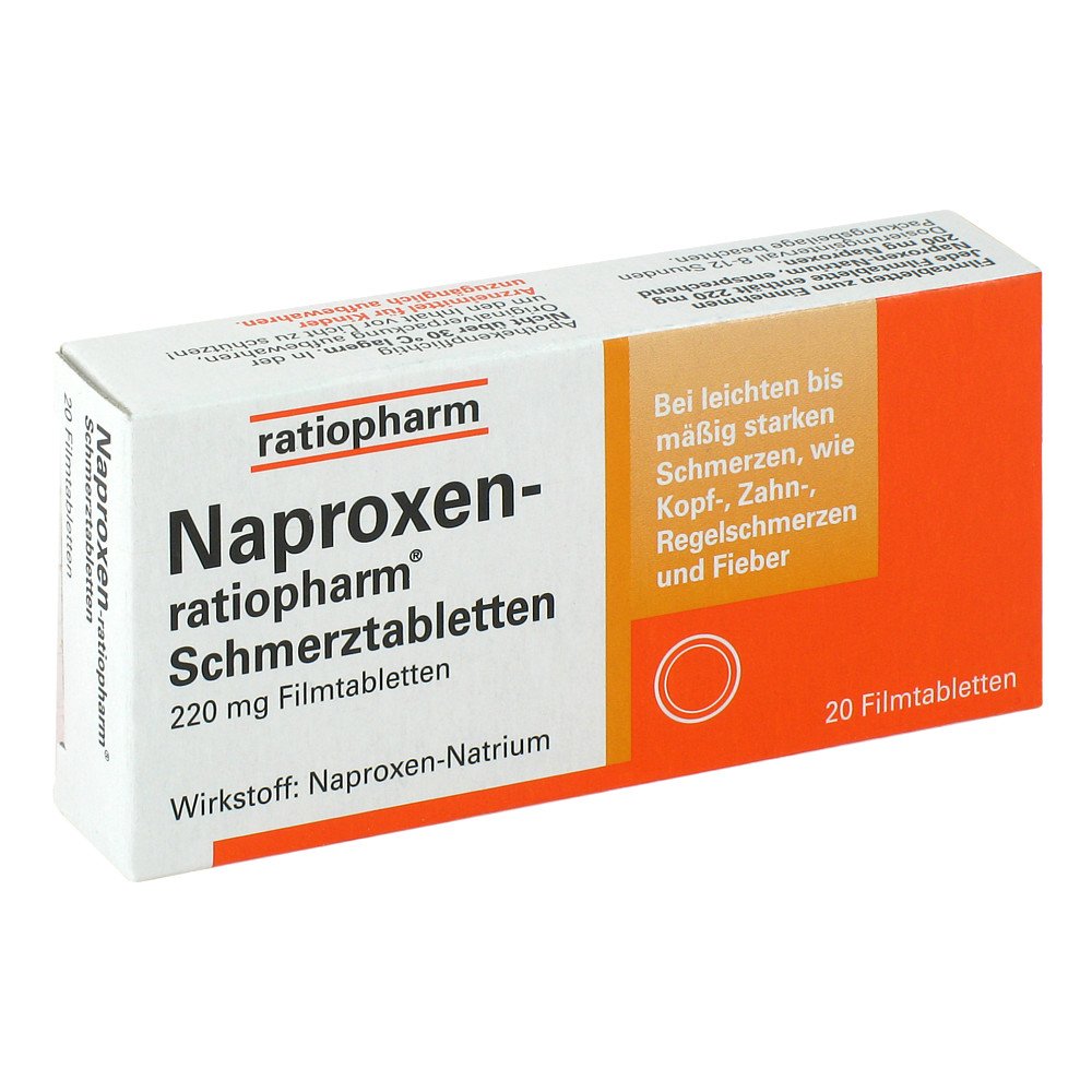 Das Produktfoto zeigt Naproxen-Ratiopharm Schmerztabl. Filmtabletten (20 stk) PZN 02220332