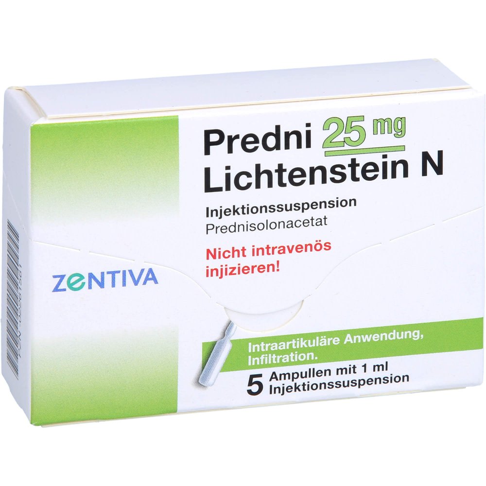 Das Produktfoto zeigt Predni 25 Mg Lichtenstein N Kristallsusp.Ampullen (5X1 ml) PZN 02261561