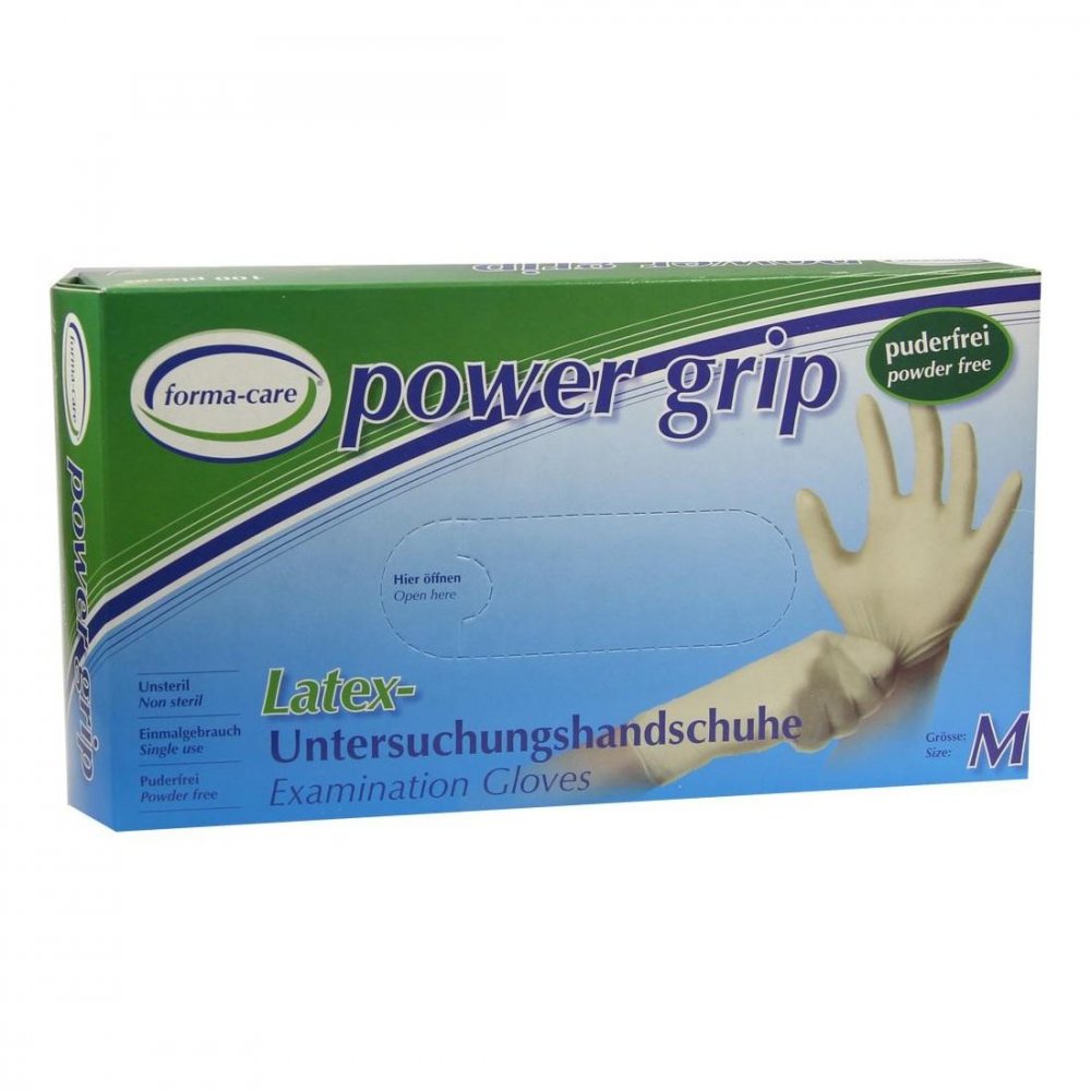 Das Produktfoto zeigt Forma-Care Latex Power Grip Handschuhe Gr.M (100 stk) PZN 02335489
