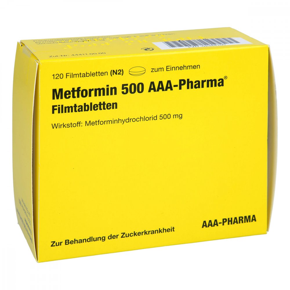 Das Produktfoto zeigt Metformin 500 Mg Aaa-Pharma Filmtabletten (120 stk) PZN 02344100