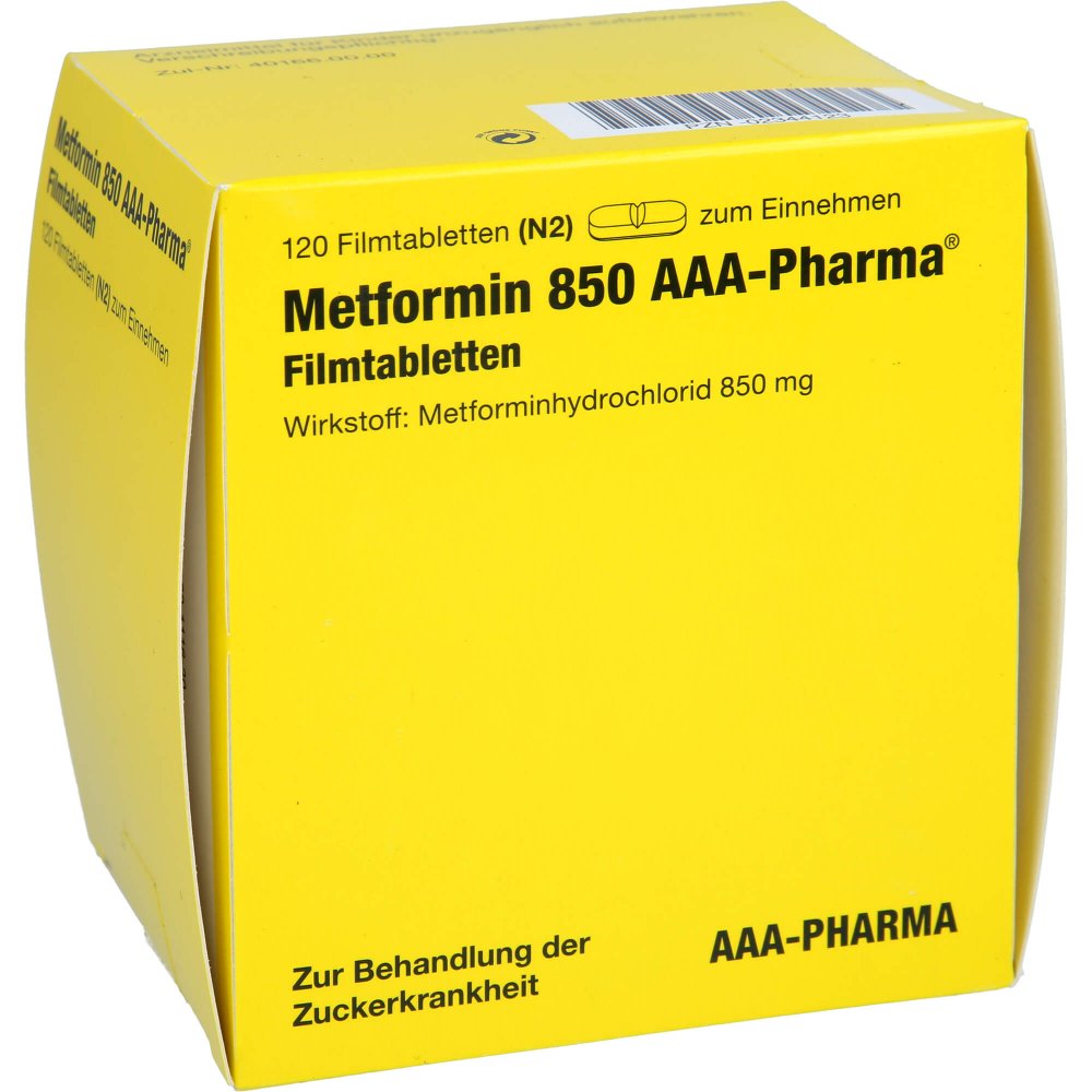 Das Produktfoto zeigt Metformin 850 Mg Aaa-Pharma Filmtabletten (120 stk) PZN 02344123
