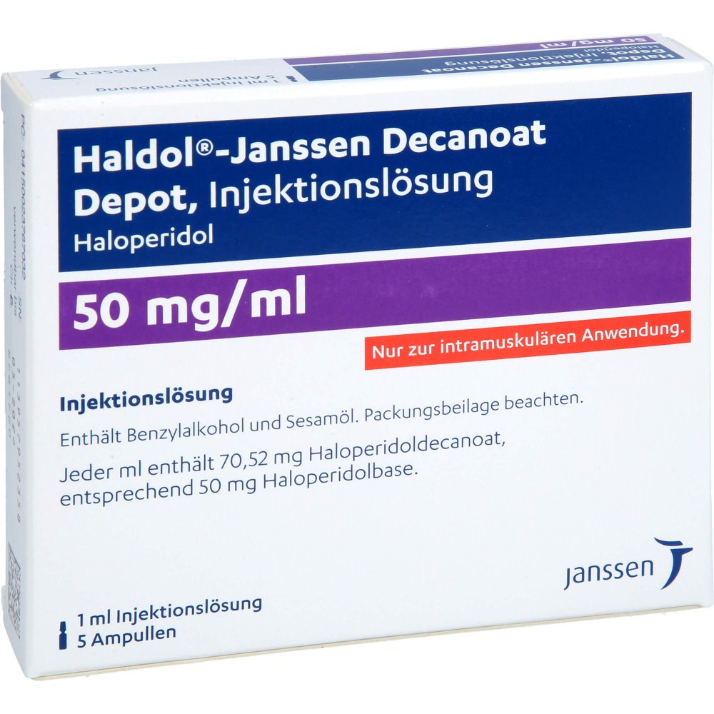 Das Produktfoto zeigt Haldol Janssen Decanoat Depot 50 Mg/Ml Inj.L.Amp. (5X1 ml) PZN 02376703