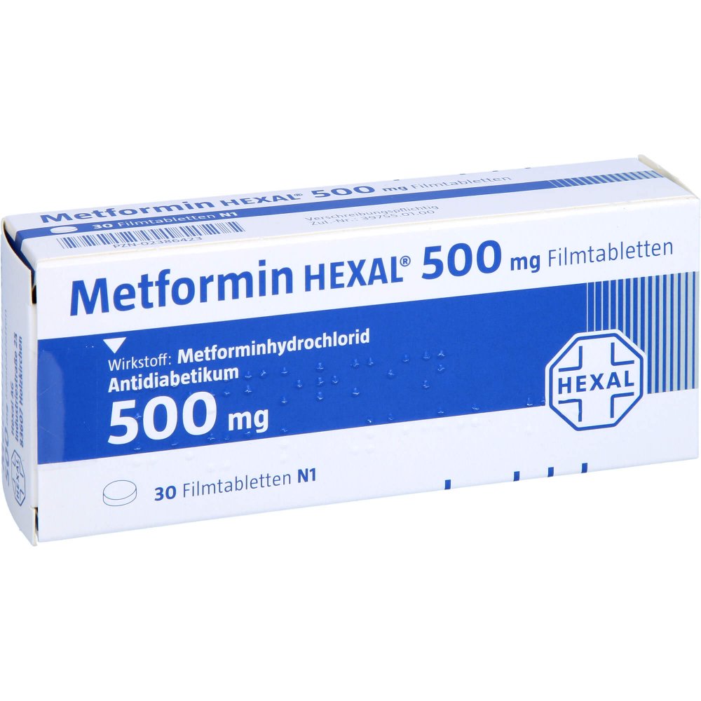 Das Produktfoto zeigt Metformin Hexal 500 Mg Filmtabletten (30 stk) PZN 02386423