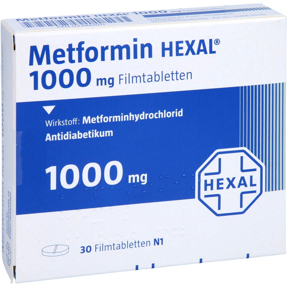 Das Produktfoto zeigt Metformin Hexal 1000 Mg Filmtabletten (30 stk) PZN 02386601