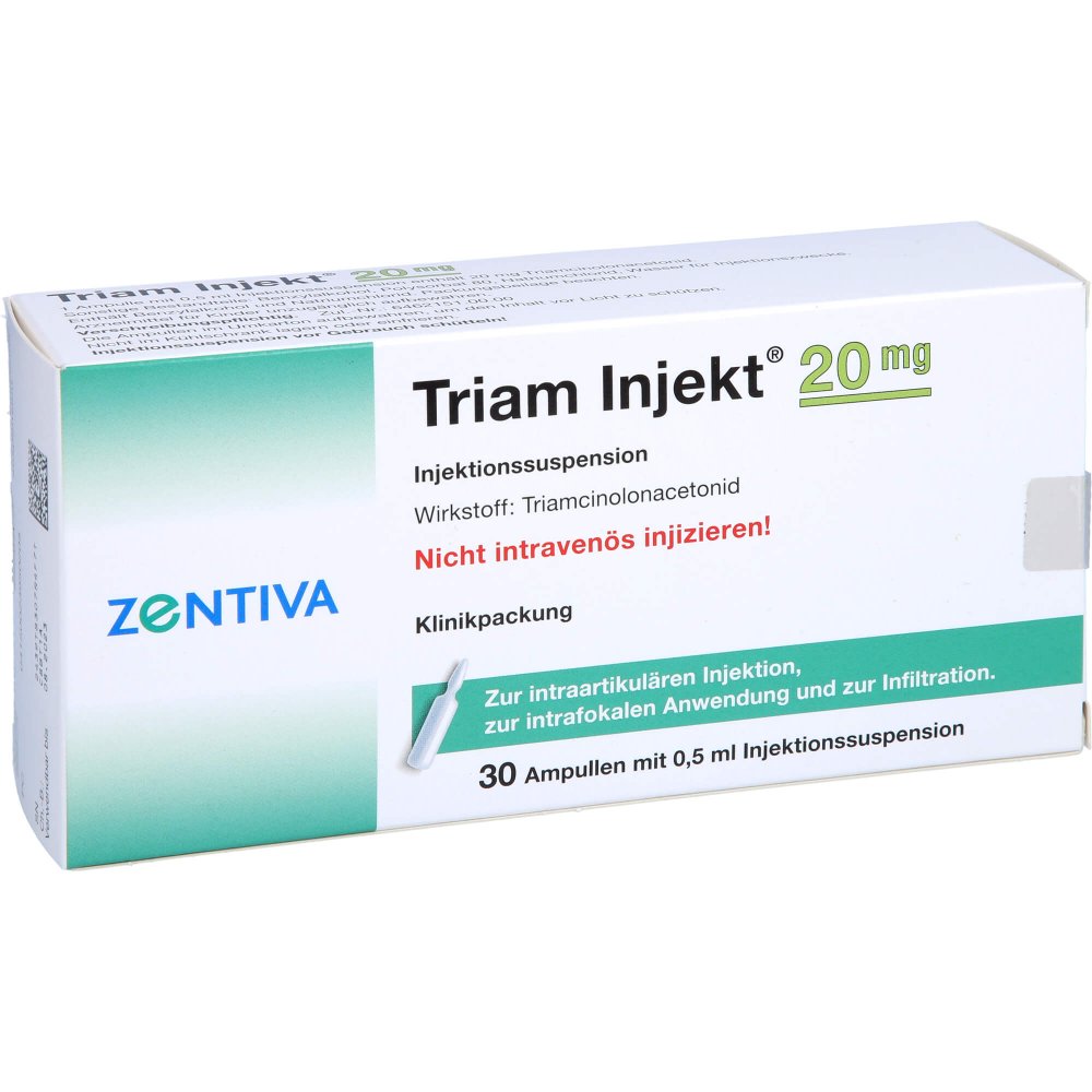 Das Produktfoto zeigt Triam Injekt 20 Mg Kristallsuspension In Ampullen (30X0.5 ml) PZN 02395020