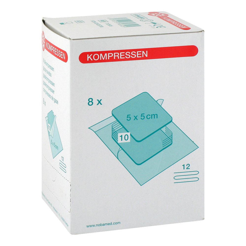 Das Produktfoto zeigt Mullkompressen 5x5 Cm Steril 12fach (8X10 stk) PZN 02426795