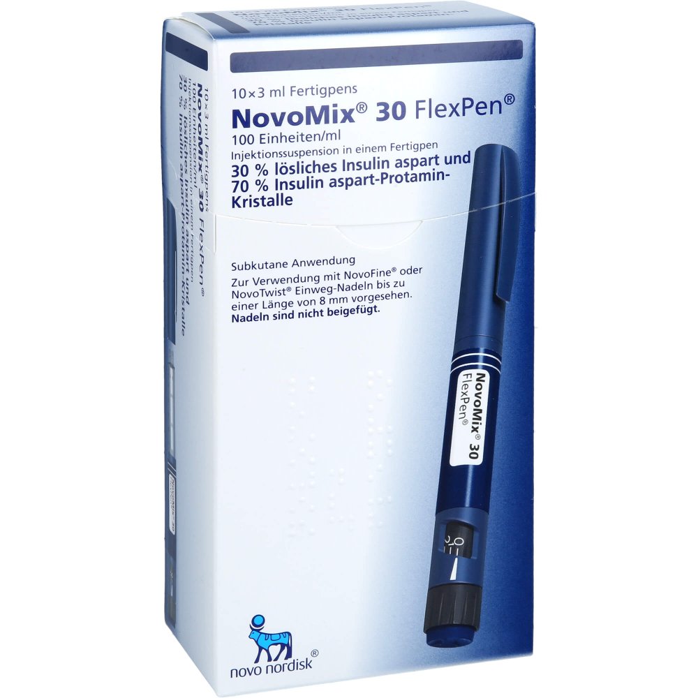 Das Produktfoto zeigt Novomix 30 Flexpen 100 E/Ml Inj.-Susp.Fertigpen (10X3 ml) PZN 02430182