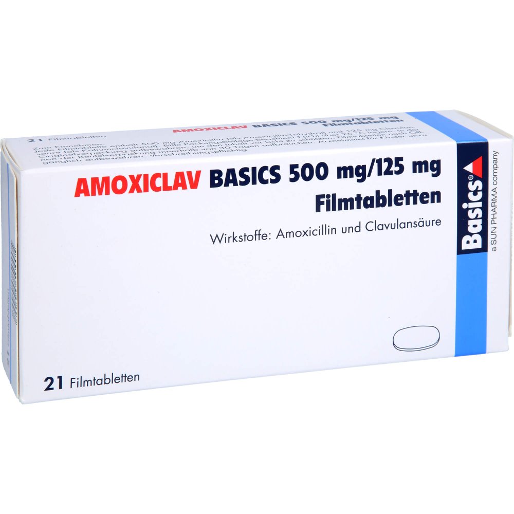 Das Produktfoto zeigt Amoxiclav Basics 500 Mg/125 Mg Filmtabletten (21 stk) PZN 02433683