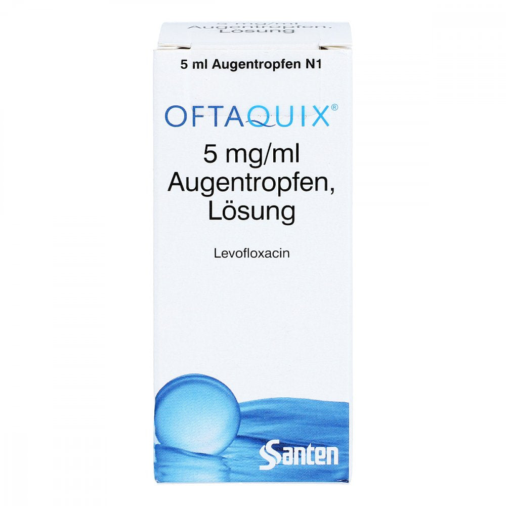 Das Produktfoto zeigt Oftaquix 5 Mg/Ml Augentropfen (5 ml) PZN 02451600