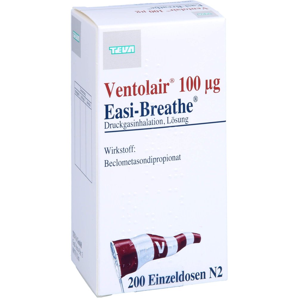 Das Produktfoto zeigt Ventolair 100 Μg 200 Hub Easi Breathe Dos.-Aerosol (1 stk) PZN 02484315