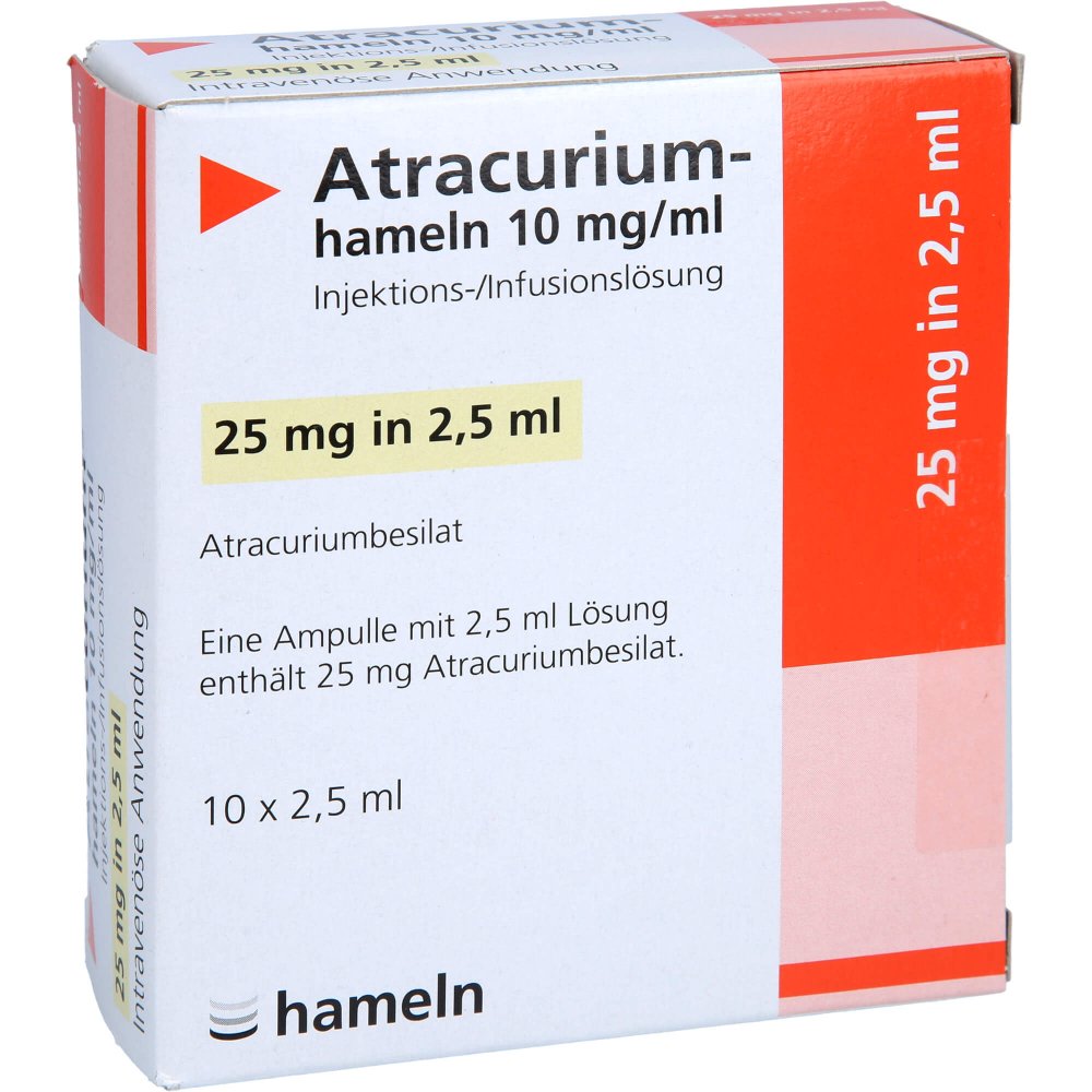 Das Produktfoto zeigt Atracurium-Hameln 10 Mg/Ml Injektionslösung Amp. (10X2.5 ml) PZN 02512023
