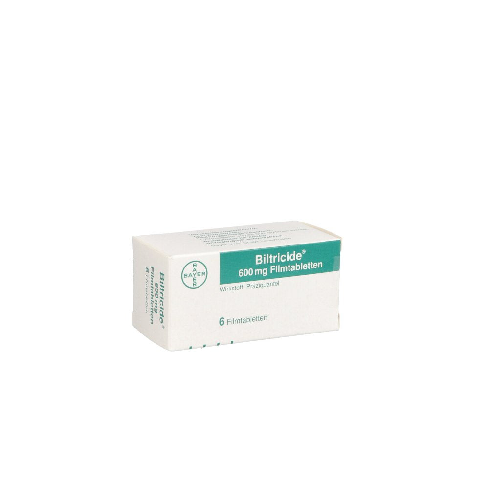 Das Produktfoto zeigt Biltricide 600 Mg Filmtabletten (6 stk) PZN 02518770