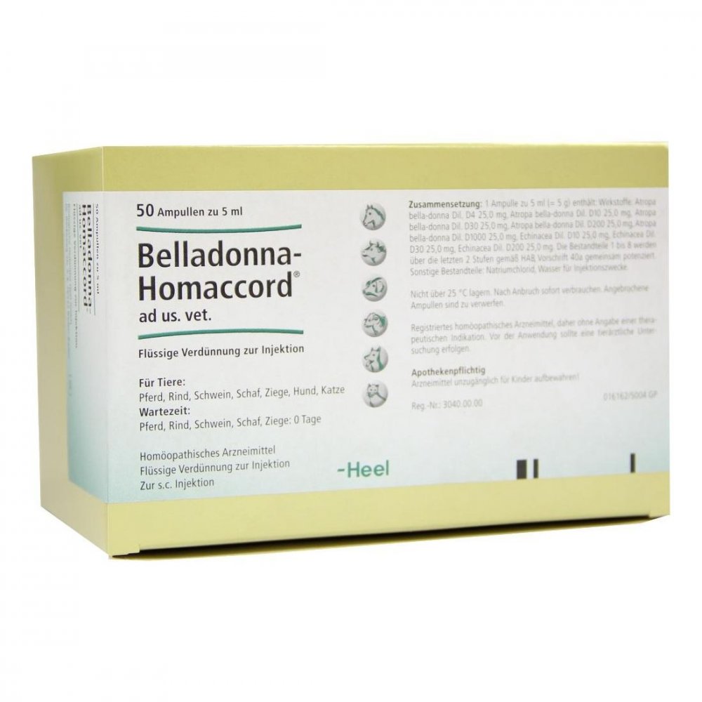 Das Produktfoto zeigt Belladonna Homaccord Ad Us.Vet.Ampullen (50 stk) PZN 02551632