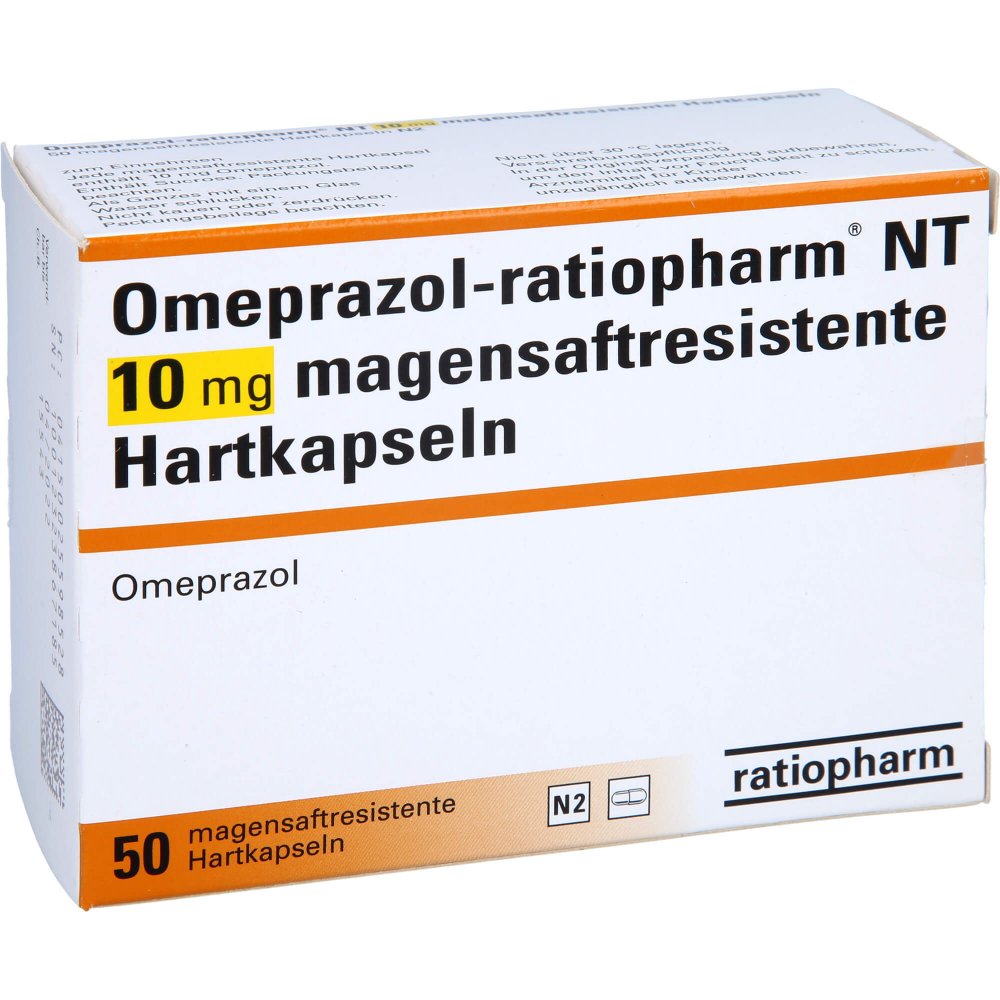 Das Produktfoto zeigt Omeprazol-Ratiopharm Nt 10 Mg Magensaftr.Hartkaps. (50 stk) PZN 02559852