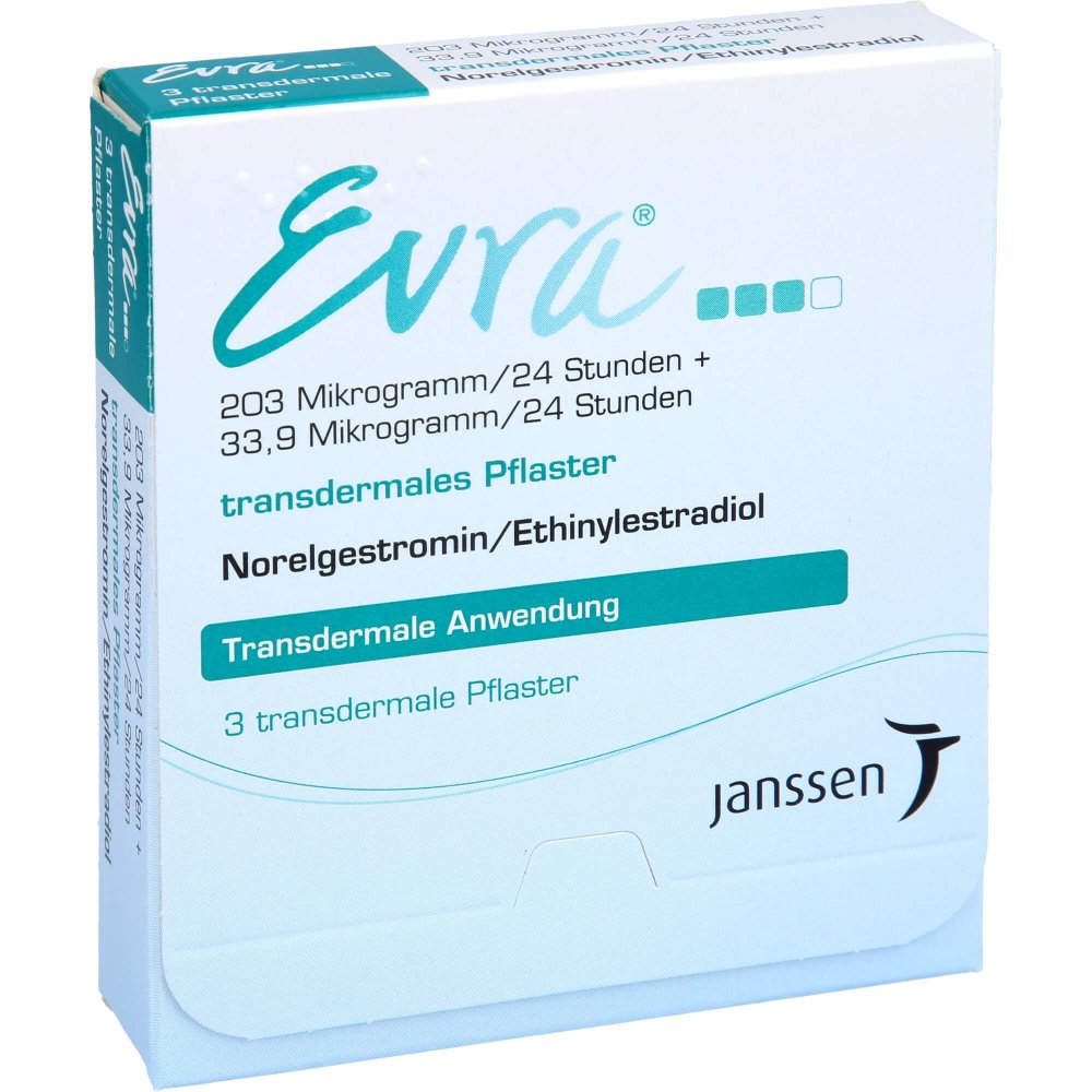 Das Produktfoto zeigt Evra 203 Μg/24 Std.+33,9 Μg/24 Std.Transd.Pflaster (3 stk) PZN 02564267