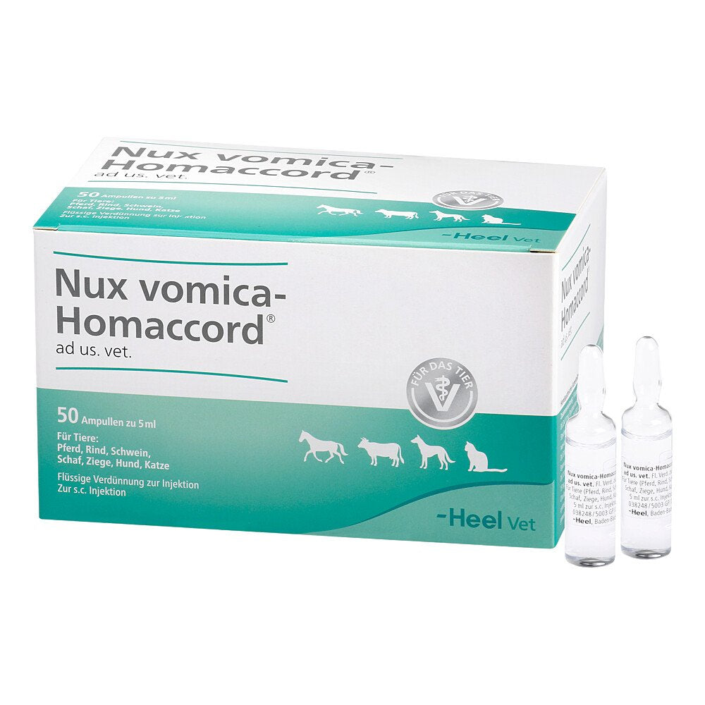 Das Produktfoto zeigt Nux Vomica Homaccord Ad Us.Vet.Ampullen (50 stk) PZN 02585080