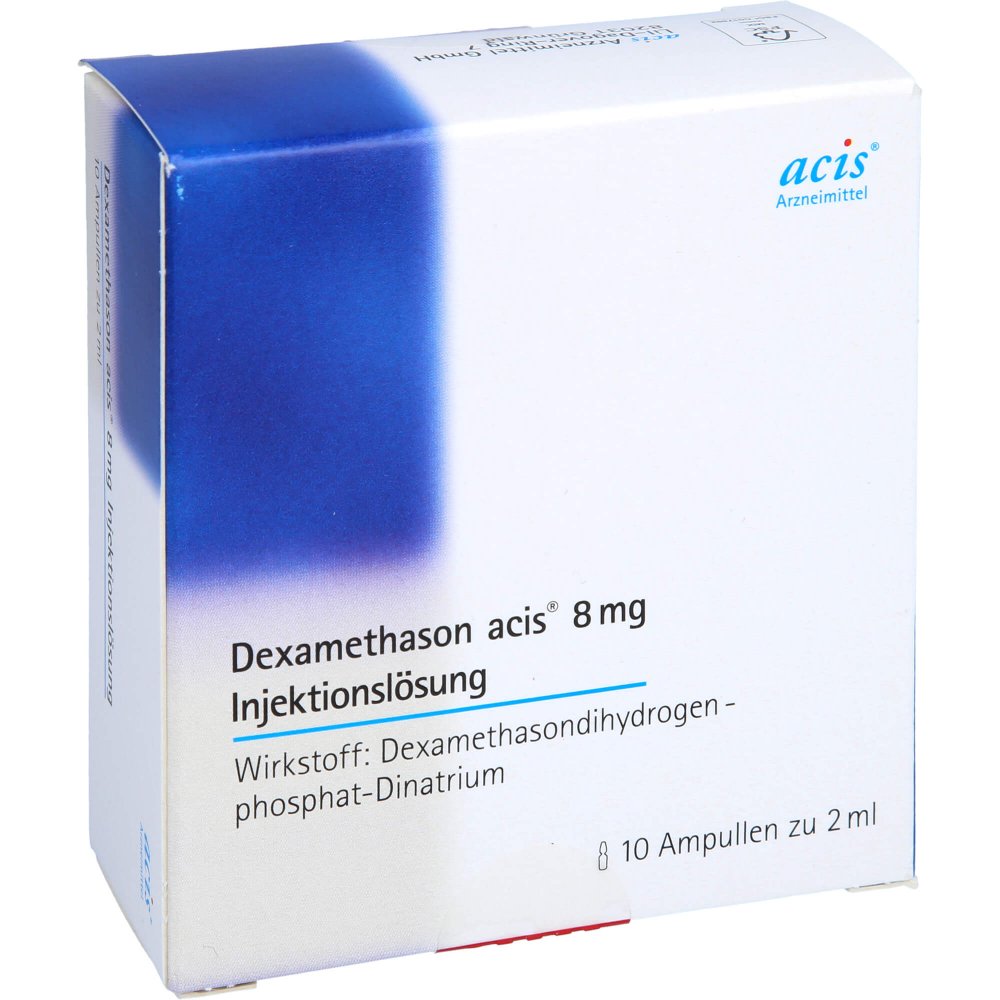 Das Produktfoto zeigt Dexamethason Acis 8 Mg Injektionslsg.Ampullen (10 stk) PZN 02594104