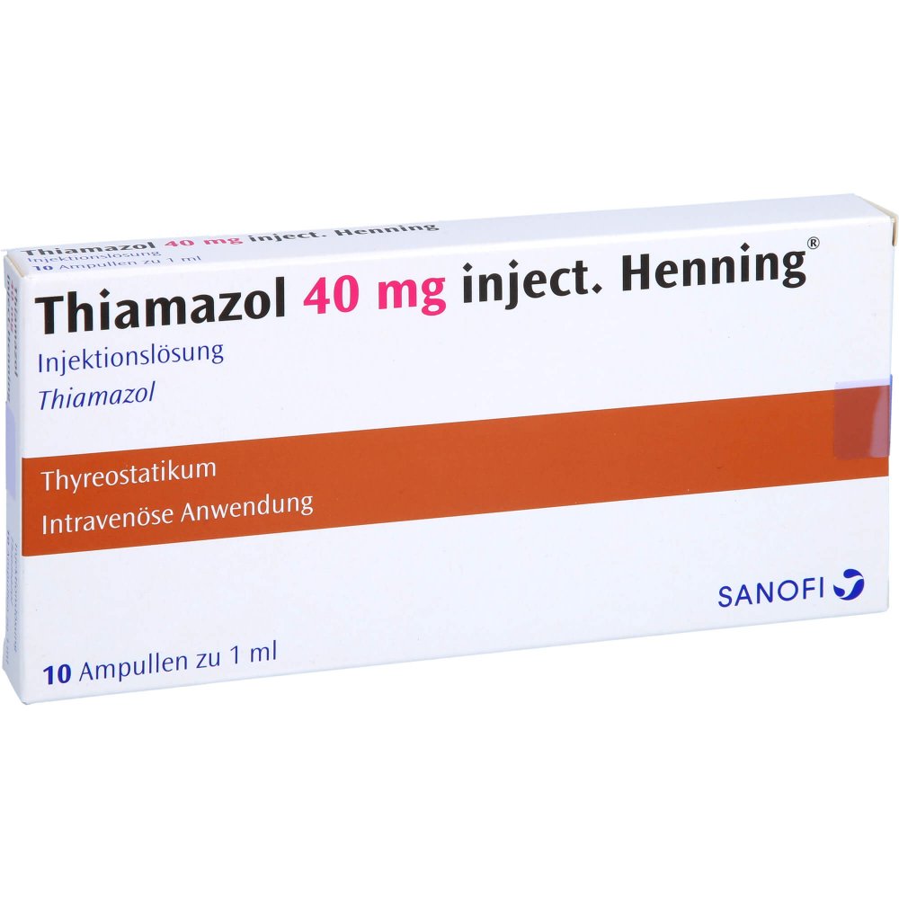 Das Produktfoto zeigt Thiamazol 40 Mg Henning Inj.-Amp. (10X1 ml) PZN 02708654