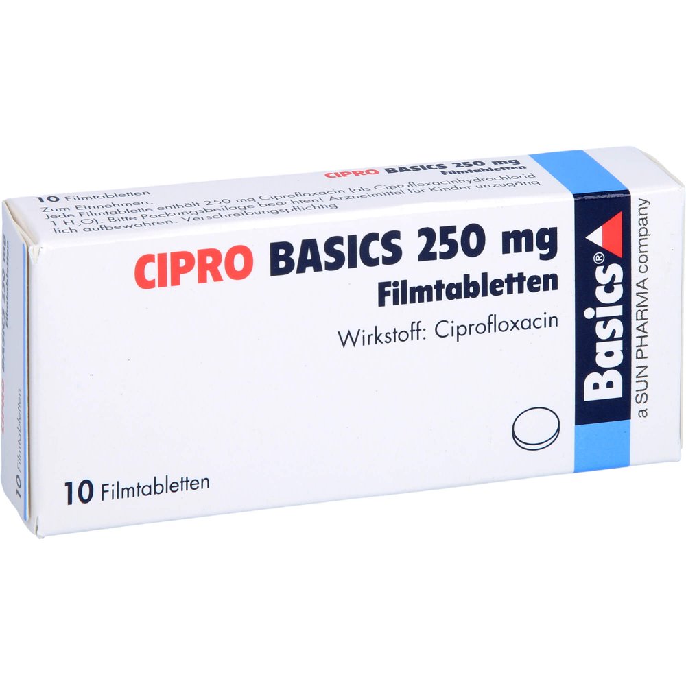 Das Produktfoto zeigt Cipro Basics 250 Mg Filmtabletten (10 stk) PZN 02709091
