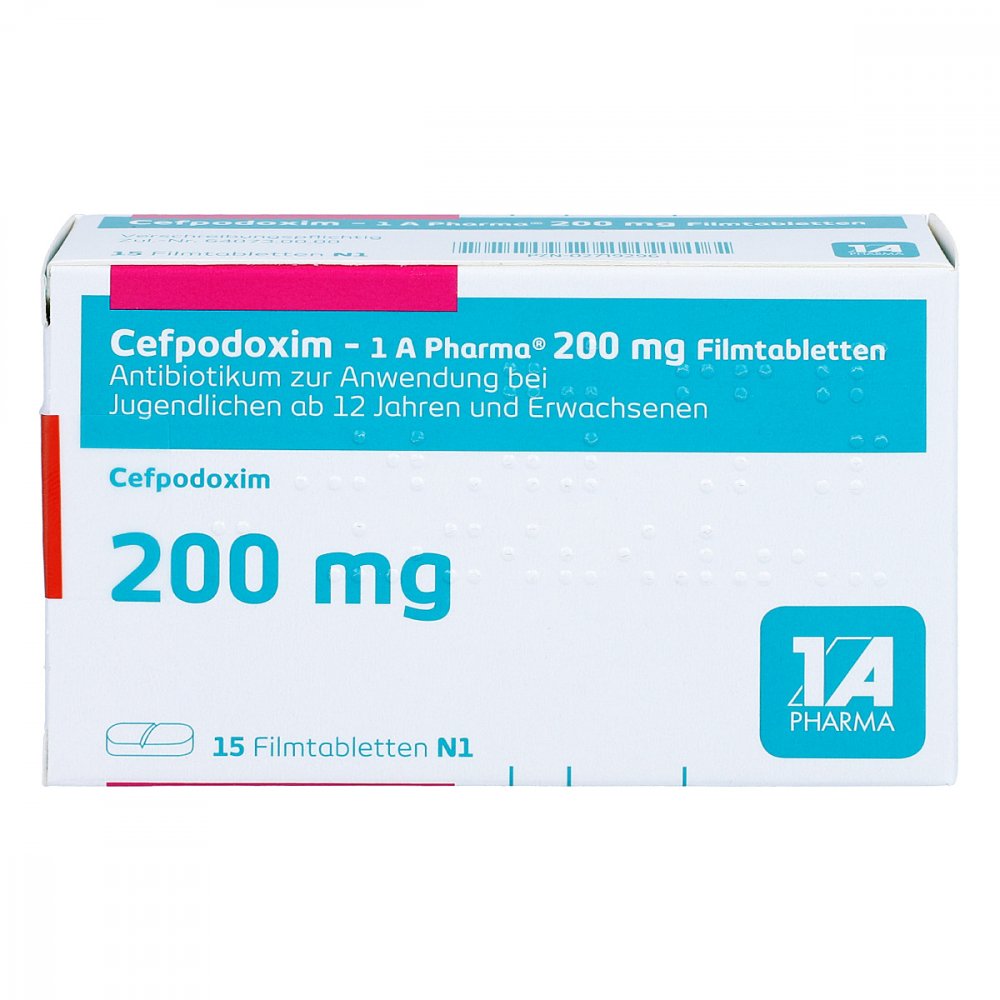 Das Produktfoto zeigt Cefpodoxim-1a Pharma 200 Mg Filmtabletten (15 stk) PZN 02719296