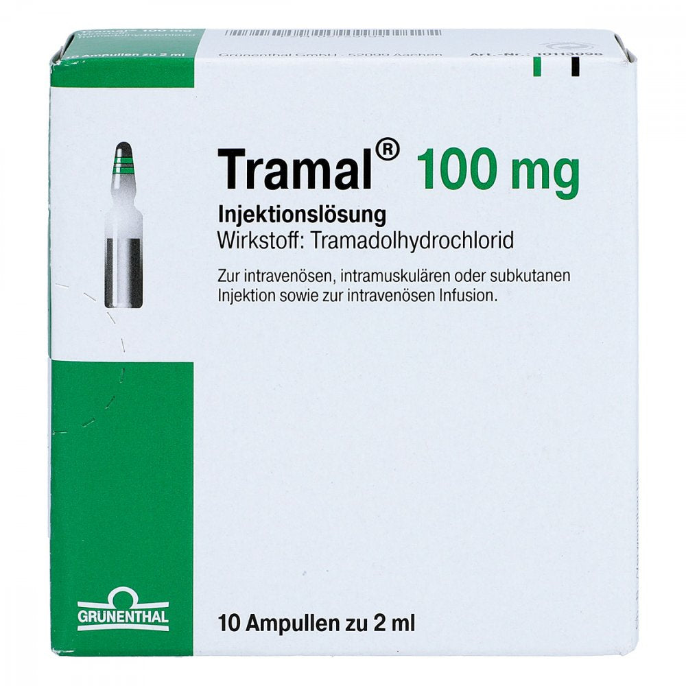 Das Produktfoto zeigt Tramal 100 Mg Injektions-/Infusionslösung (10 stk) PZN 02729194