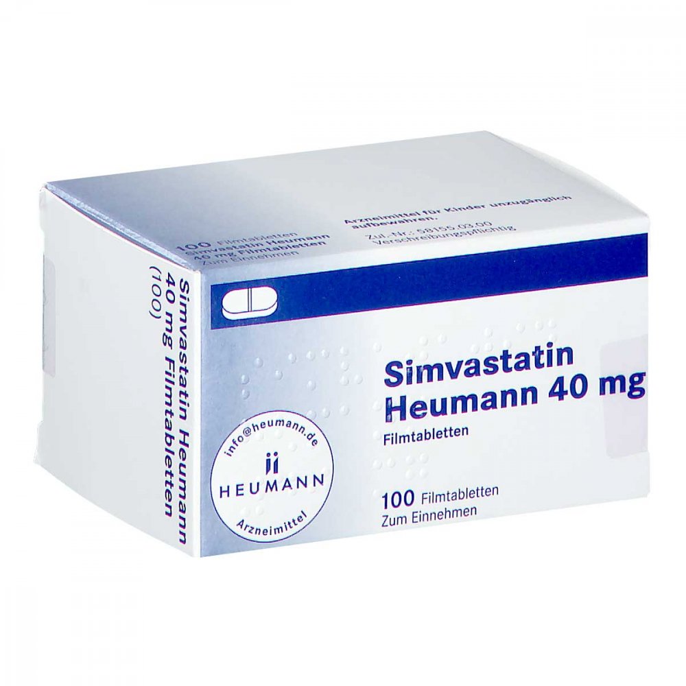Das Produktfoto zeigt Simvastatin Heumann 40 Mg Filmtabletten (100 stk) PZN 02765391