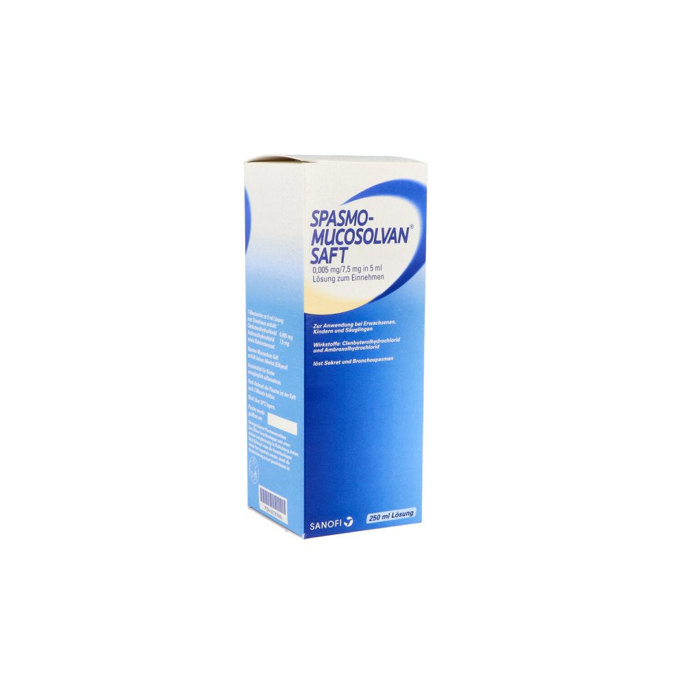 Das Produktfoto zeigt Spasmo Mucosolvan Saft (250 ml) PZN 02787665