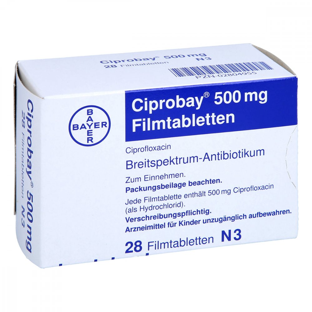 Das Produktfoto zeigt Ciprobay 500 Mg Filmtabletten (28 stk) PZN 02804955