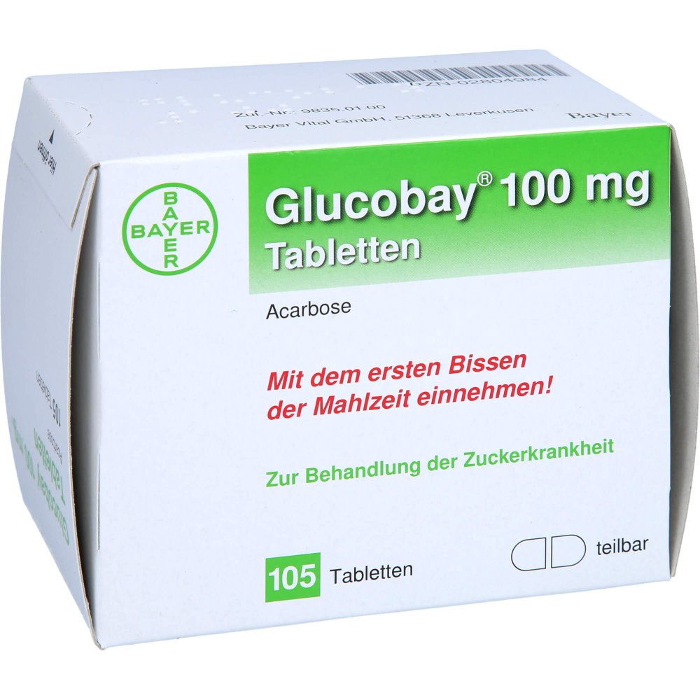 Das Produktfoto zeigt Glucobay 100 Mg Tabletten (105 stk) PZN 02804984