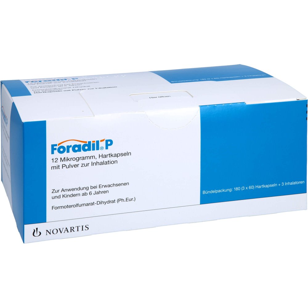 Das Produktfoto zeigt Foradil P + 3 Inhalatoren Hartkaps.M.Plv.Z.Inhal. (180 stk) PZN 02813902